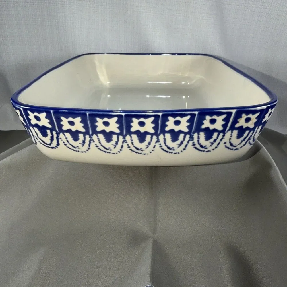Grestel Portugal Stoneware Casserole Baking Dish Blue White Stamped Rectangular
